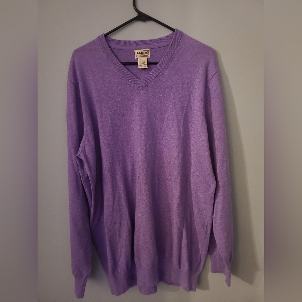 LL Bean Cotton Cashmere Knit V-neck Sweater Mens XL Tall Purple 275552
